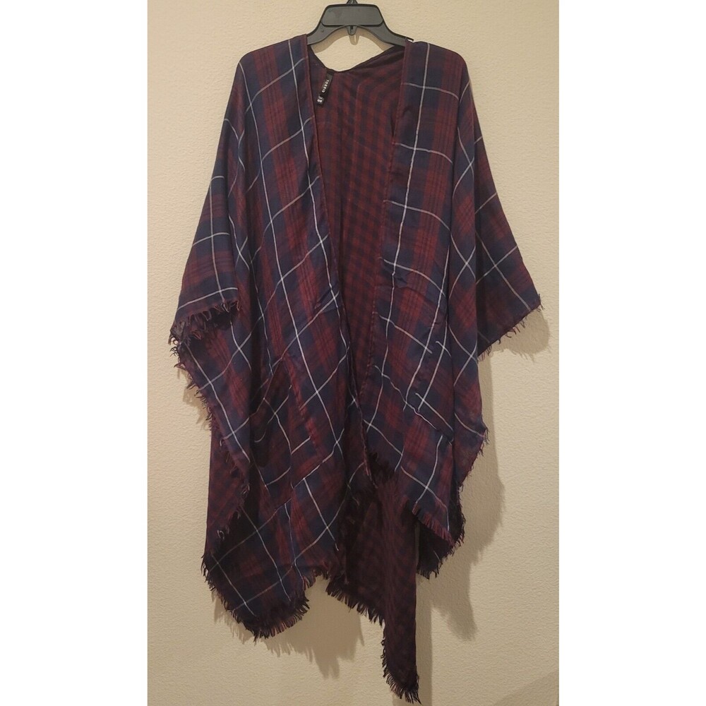 Torrid Poncho Shawl Kimono with Pockets In Blue Red WindowPane Plaid 0/S